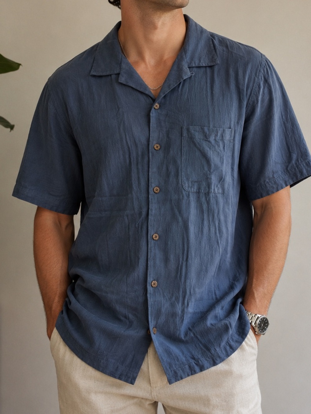 Geoffrey Beene Men’s Blue 100% Silk Short Sleeve Button Up Shirt | Size L